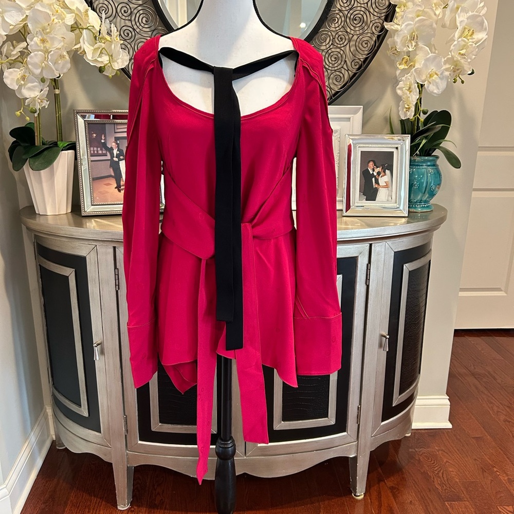 Proenza Schouler Magenta black satin jacqaurd tie waist top size 6 NWT
